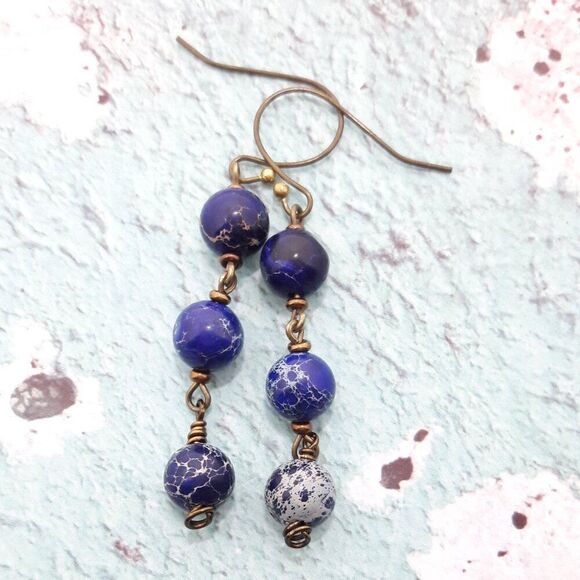 Boho Earrings 407# Marble Navy beads Antique.BronzeHooks Bohemian Blue Artisan - Picture 1 of 3